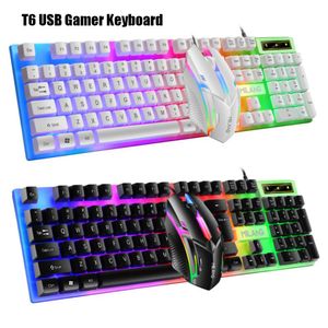 Combo's T6 USB Gamer-toetsenbord Bedraad toetsenbord en muis Set Antislip Waterdicht Regenboog LED-achtergrondverlichting Muis gamer Voor Laptop PC Computer