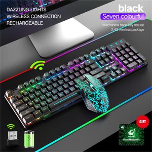 Combos Teclado inalámbrico para juegos Juego de mouse para juegos Rainbow LED retroiluminado Mouse Gamer Teclado recargable para computadora portátil PC Juegos de computadora 10