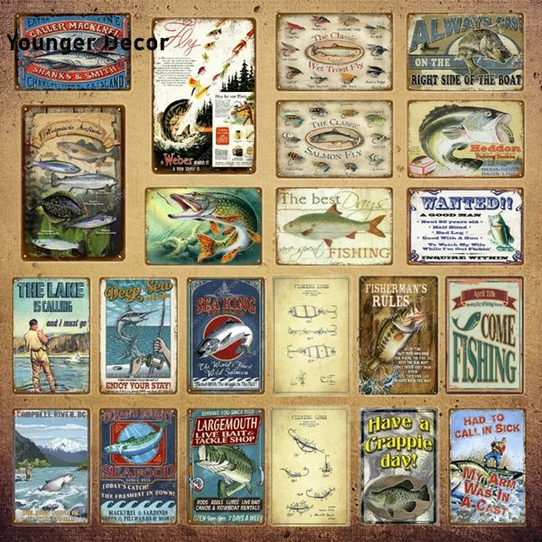 Come Fishing Metal Signs Fisherman Rules Fish Poster Classic Salmon Metal Painting Fly Vintage Placa Etiqueta de la pared Pub Bar Outdoor Man Cave Wall Decor 30X20CM w01