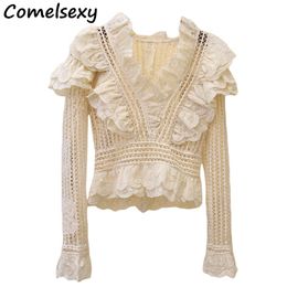 Comelsexy Runway Deep V-hals Lange Mouw ruches Havingen Cropped Kant Tops Shirt Dames Blouses Koreaanse Mode Kleding 210515