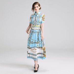 COMELSEXY Zomer Dames Korte Mouw Turn Down Collar Chain Print Long Dress Vintage Blue Contrast Color Maxi Jurk Vestidos 210515