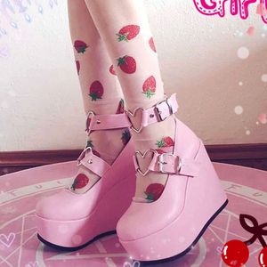 Comemore New Sweet Lolita Style Gothique Cosplay Noir Rose Cosy Wedges Mary Jane Talons Hauts Escarpins Plateforme Chaussures Femme Noir Rose