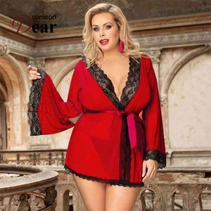 ComeonDear femmes grande taille nuisette gros peignoir manches lâches évider Satin Robe ensemble Perspective Sexy dentelle robe sommeil hauts 210831