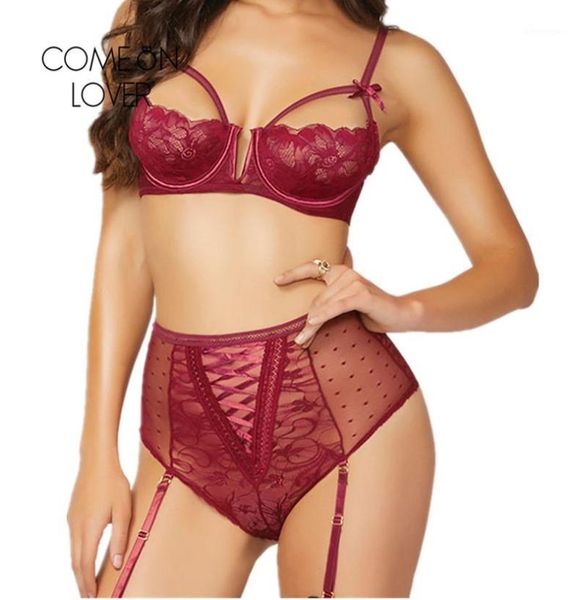 Comeonlover-Conjunto de lencería con liga, sujetador de copa abierta, conjuntos de lencería erótica de talla grande, Ropa erótica Floral de encaje, conjunto erótico Sexy para Mujer RI8064618665530