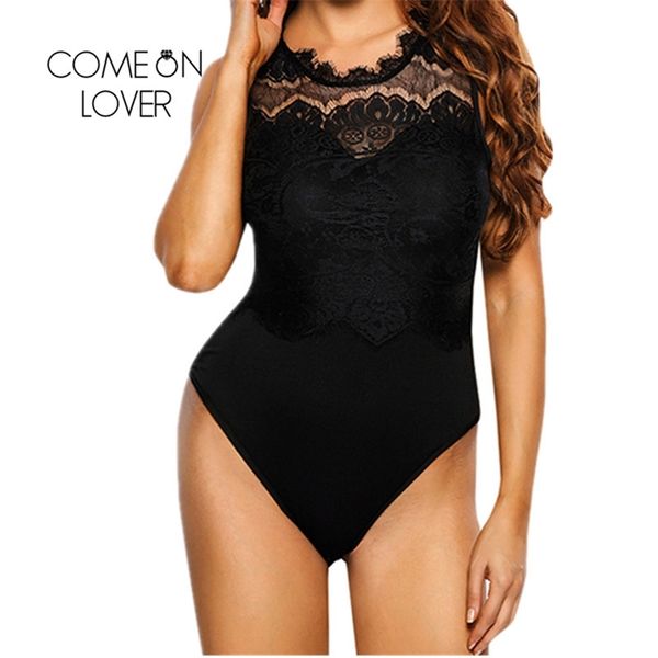 Comeonlover Sexy Bodycon Body de talla grande mono de encaje sin mangas cuello alto Ropa Mujer recortada Fitness Body Femme 210306