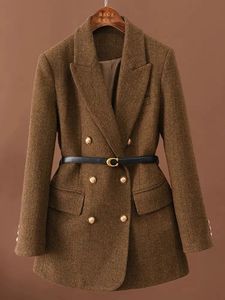 Viene con cinturón, una chaqueta de lana vintage para mujer, chaqueta femenina con temperamento verde de temporada de otoño e invierno 240202