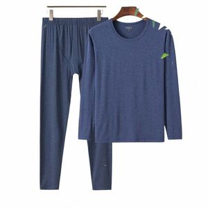 Comfort Zachte 95% Bamboevezel Nachtkleding Voor Slee Mannen Winter Pyjama Lg Mouw Top En Broek Set Effen Thermisch hemd i0hc #