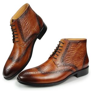 Comfortabele enkel omhoog Brogue voor mannelijke kanten Men Fashion Retro Printing Shoes Cow Leather Handmade Aangepaste laarzen 29 Comtable