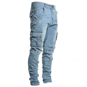 Confortable Cool Multi Poches Couleur Unie Hommes Jeans Comfy Cargo Jeans Pantalon Extensible H1116177p