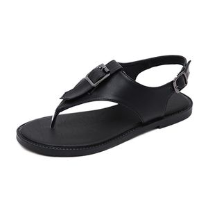 Sandales de plage confortables à fond plat femmes T-ceinture tongs sandales noir cool été en cuir souple mode chaussures pour femmes