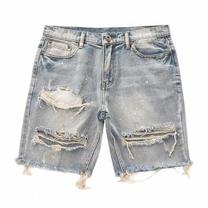 Comfortabele heren zomerse spijkerhorts met een rechte fit gescheurde gaten knielengte jeans met meervogels K09X#