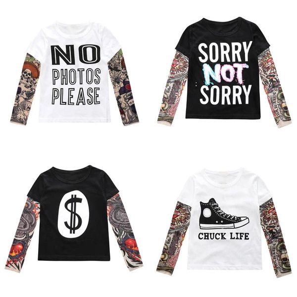 Nouveauté confortable tatouage à manches longues enfants T-Shirts coton garçon T-Shirt automne enfants filles hauts col rond T-shirt 240318