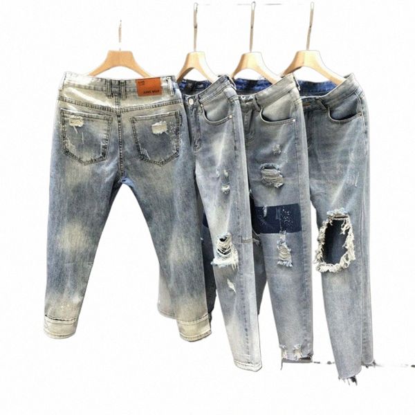 Hommes simples confortables déchirés jeans skinny super extensibles jeans déchirés vêtements d'été recadrés 24Wn #