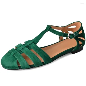 Comfortabele vrouwen zomerschoenen sandalen flats casual groene slippers suède lederen slippers cut-outs trip dames schoenen 24264 40198