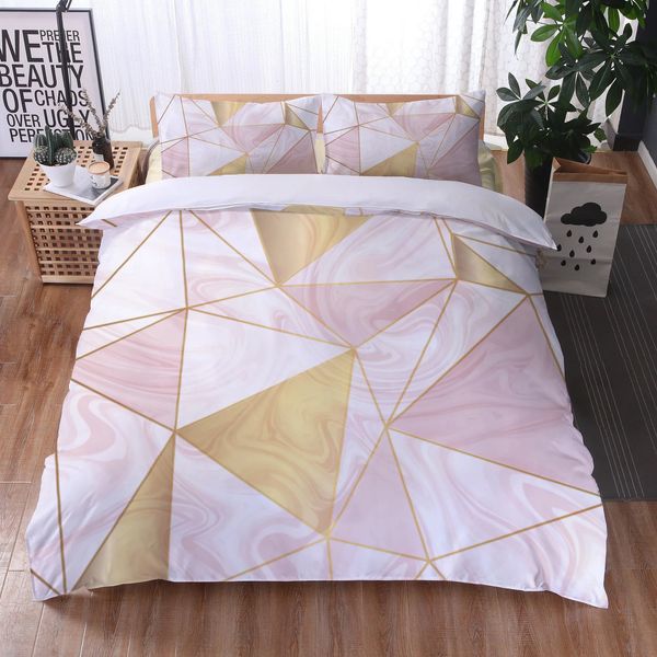 Ensembles de couettes Housse de couette en marbre 3D Ensemble de literie géométrique abstrait Rose Triangle doré Couette QueenKing pour garçons filles chambre d'adolescent 231215