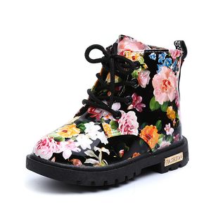 Comfy Kids Girls Boots Floral Martin Botas Maat 21-30 Kinderen Rubber Sole Sierlijke Bloem Print PU Lederen Bottes Welkom Groothandel 201128