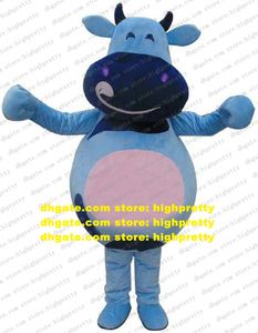 Komische mascotte kostuum blauwe stier ox koe vee kalf stripfiguur mascotte volwassen grote lachende mond roze dikke buik nr .zz2245