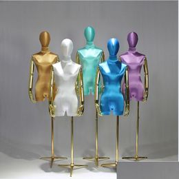 Commercial Furniture Clothing Store Model Props vrouwelijke halve lengte high -end zijden satijnen gouden arm trouwjurk display rek raam shwvo