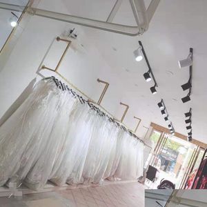 Muebles comerciales Tienda de bodas Estante de exhibición Muebles comerciales Oro Simple Colgado en la pared Tienda de ropa Montado Vestido Rack Qipao S Dhd0P