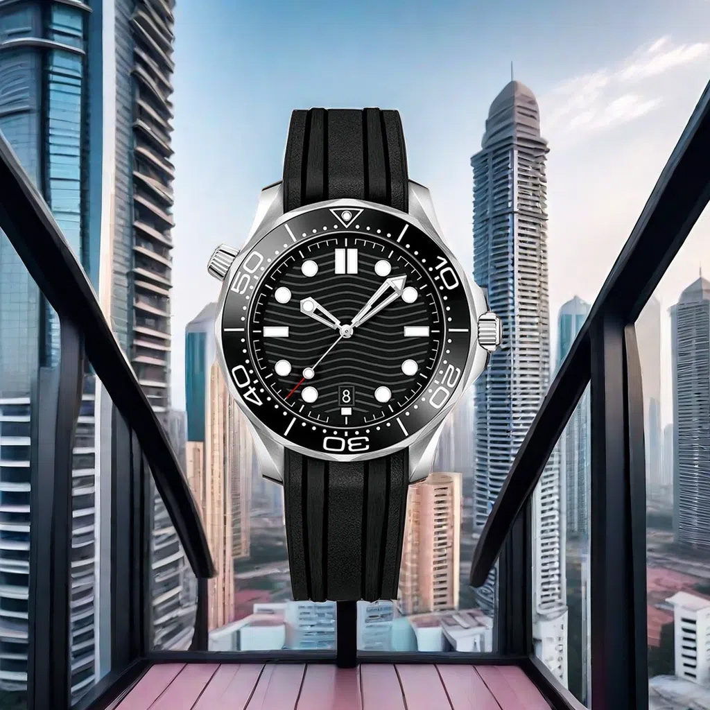 Komercyjny luksusowy zegarek mechaniczny Automatyczny zegarek Męski 41 mm mechaniczny ruch mechaniczny Glass Back Stael Stael Pasek Seahorse Omga Silver Grey Blue Watch Dhgates S2