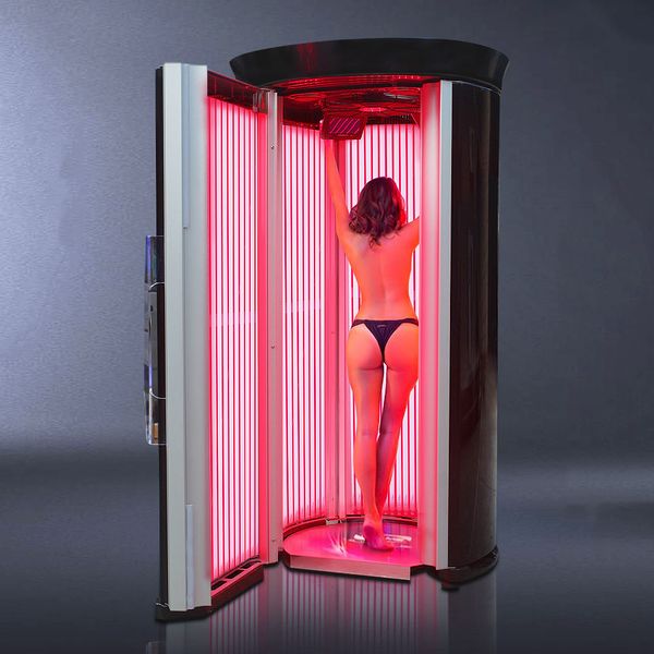 Máquina de bronceado solarium comercial 52 tubos Alemania lámpara cosmedico cuerpo completo stand up colágeno luz roja bronceado cama para adelgazar 2024