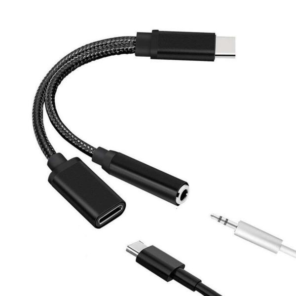 Convertidor de teléfono de comunicaciones de a tipo c y 3,5 mm, escucha de carga, conector adaptador de conector Jack USB-C de 3,5 mm para teléfono móvil 2 en 1