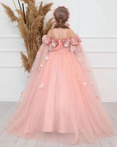 Robe de communion avec broderie enveloppe florale cape princesse robe de bal jupe duvete