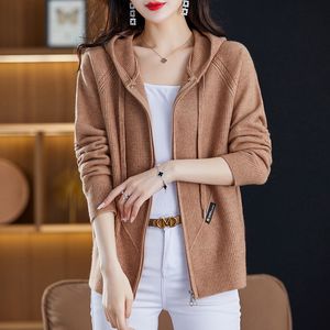 Banlieusard couleur unie pull femme 2023 printemps et automne Version coréenne veste à capuche lâche décontracté fermeture éclair tricot manteau