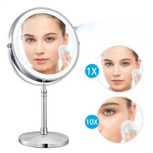 Miroir de maquillage Compact grossissant 10X avec lumière LED, miroir de vanité de bureau de forme ronde, Double face rétro-éclairé 231030