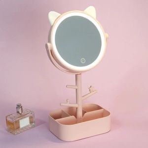 Miroir de maquillage à LED avec oreilles compactes avec lampe lumineuse avec rangement, miroir cosmétique rotatif de bureau, lumière à gradation réglable, miroir de vanité USB 231030