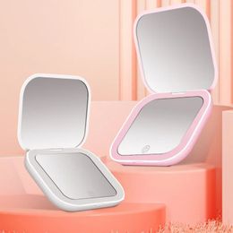 Espejo de maquillaje LED plegable compacto mini y conveniente, 2x aumento