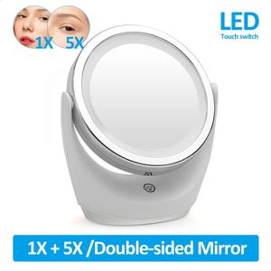 Compacte LED -make -upspiegel 1x 5x vergroting Roteren Draagbare dubbelzijdige cosmetica met LED -lichtlampverdeling Vanity Mirror 231030