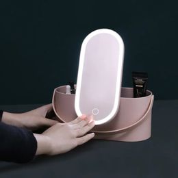 Boîte de rangement de maquillage compacte avec miroir lumineux LED, organisateur de maquillage de voyage portable, organisateur de cosmétiques, étui de rangement de lumière tactile H JOY 231030