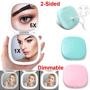 Espejo compacto Espejo de maquillaje LED USB recargable 2 caras 1X / 5X Espejo cosmético de aumento con luz 3 colores Brillo Regulable Bolso de bolsillo portátil