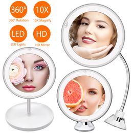 Compacte spiegels 10x LED -licht Make -up Mirror Lamp vergrootglas batterij draagbare hand ijdelheid glas mini miroir badkamer cosmetisch bad zuignap 230823