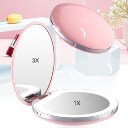 Compact Mirrors 3x Mini Led Makeup Mirror Portable Hand USB Chargable Pocket 3 Niveaus Helderheid Licht Make -up Mirror 230520