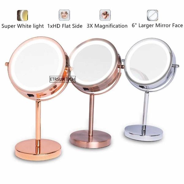 Espejos compactos 6 1x/3x Mirror de doble cara agrandado con 18 lámparas LED lámpara de escritorio Batería de maquillaje con 3 colores P240509