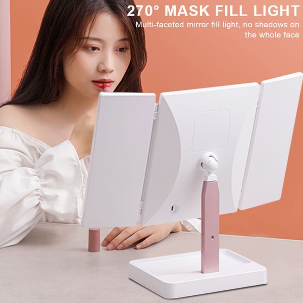 Espejos compactos Espejo de tocador con luz LED 72 Cosmético de aumento 1/2/3X 3 Espejos de maquillaje plegables Atenuador continuo de rotación 270 Espejos de mesa de belleza 230823