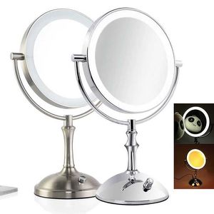 Compacte spiegels 8-inch make-upspiegel dubbelzijdige 1/3 vergroting met LED-licht verstelbare helderheid op twee tafelbladen Q240509
