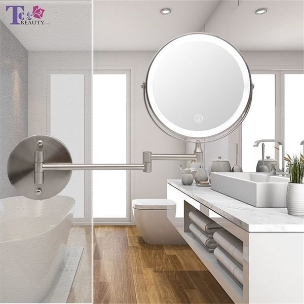 Espejos compactos Espejo de baño montado en la pared de 8 pulgadas Espejo de maquillaje LED ajustable Espejos cosméticos de tocador con aumento 10X con luz 231202