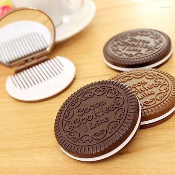 Miroirs Compact Biscuit Au Chocolat Mini Miroir De Poche Avec Peigne Princesse Portable Sandwich Biscuit Forme Maquillage Cosmétique Pliant