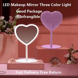 Miroirs compacts bureau Led forme de coeur miroir de vanité réglable tricolore lumière cosmétique miroirs de maquillage rechargeables 231109