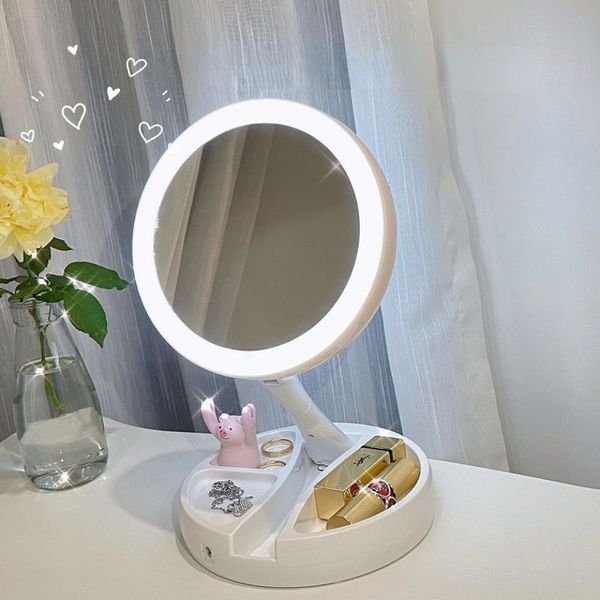Espejos compactos Carga USB plegable o batería Espejo LED Maquillaje Espejo cosmético de tocador blanco con luz Espejos de mesa con aumento 10X 230823