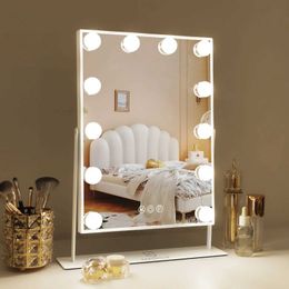 Espejos compactos Espejo de maquillaje de tocador de Hollywood con luces 12 bombillas DIMMABLE LED 360 grados Rotación de 3 colores Control táctil inteligente Q240509
