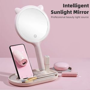 Espejos compactos Espejo de maquillaje de belleza inteligente Espejos de maquillaje LED inteligentes con caja de almacenamiento de cosméticos con soporte para teléfono para niñas que viajan a casa 231102