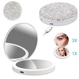 Miroirs compacts Miroir de maquillage à lumière LED Miroir de poche portable Femmes Cosmétique 3,5 pouces Miroir grossissant rond Cadeaux pour fille 230826