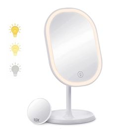 Miroirs compacts Miroir de maquillage léger de miroir de vanité de LED avec le grossissement 1X/10X 3 couleurs claires vanité salle de bains Table cosmétique miroir éclairé par LED 231128