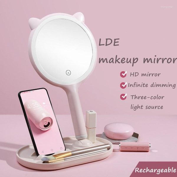 Espejos compactos, espejo de maquillaje con luz Led, atenuación táctil ajustable, soporte para teléfono móvil de escritorio, espejo compacto de belleza de mano