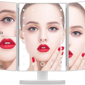 Miroirs compacts Miroir de maquillage LED lumières maquillage blanc miroir à trois volets 21 LED miroir de courtoisie miroir éclairé avec écran tactile double alimentation 231018