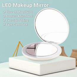 Compact Mirrors Make-up Mirror Clear 2x vergrotende stepless aanpassing Twee-side vouwtype-C LED Pocket Cosmetic MirrorCompact compactcompa